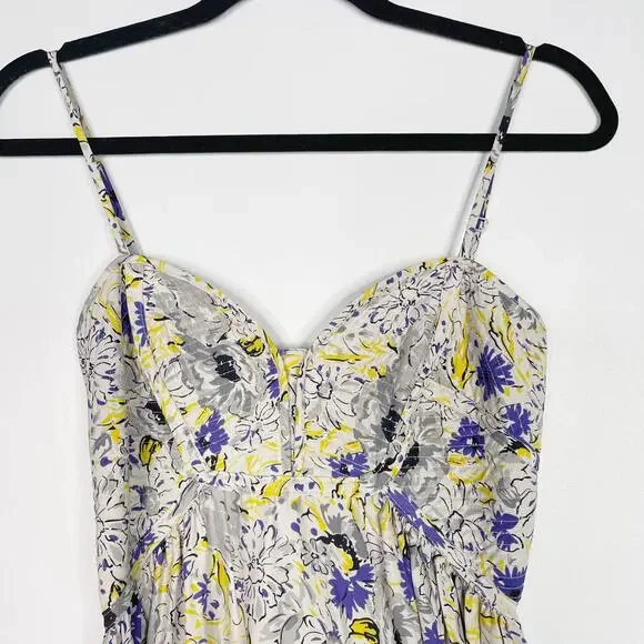 Parker Small S Gray Purple Yellow Silk Floral Dress Sweetheart Neckline Zip Back - Picture 3 of 12